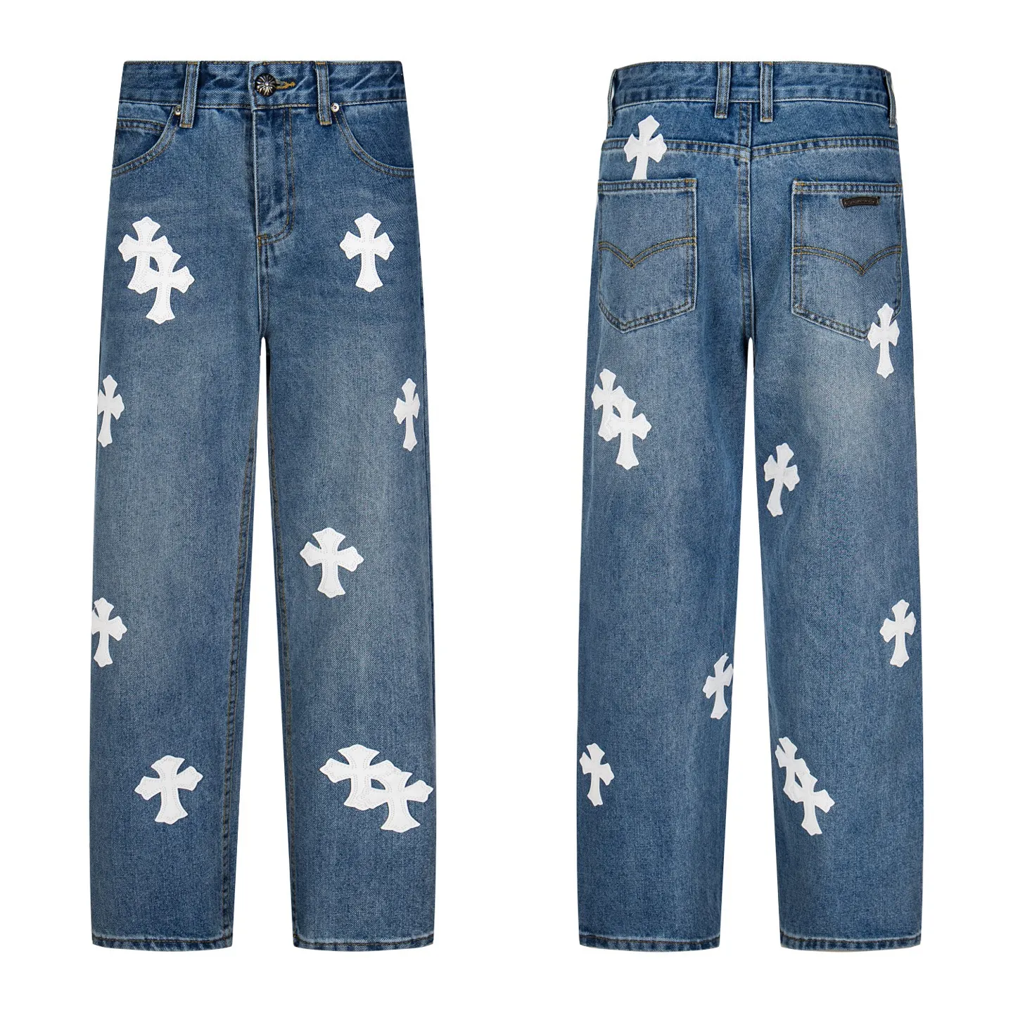 P210 Chrome Hearts jeans, blue and white leather. It is well known that chromehearts jeans use vintage Levis jeans as the base for creation. They usually add their own unique silver buckles and silver ornaments, plus leather embellishments. This is the reason why the value of these vintage jeans doubles, because the base is vintage jeans, and the jeans themselves have become very soft and comfortable after years of baptism. This can be distinguished from ordinary jeans. Regarding the size, you should also refer to the pants data. Style number: 1780# Size: 28 30 32 34 36